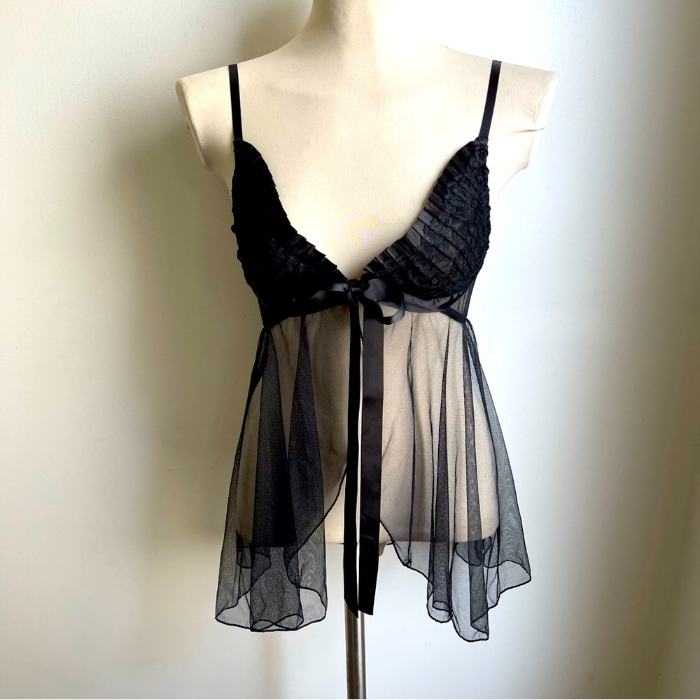 Vintage Frederick's of Hollywood Black Sheer Babydoll Nightie Satin Ribbon Small
